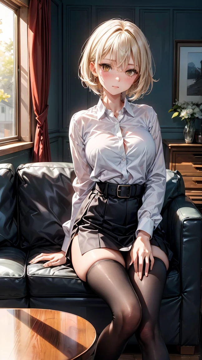 "A 30 year old woman with short straight white hair, and intense yellow eyes. She is wearing a more mature outfit: a black long sleeve button down shirt, a black mini skirt, a black belt, and black tights that cover her toned legs all the way down to her feet. The woman is in the living room of a modern house, with an expression mixed with mystery and coldness. The surrounding environment is cozy and sophisticated, with modern furniture in neutral tones, a large window that lets in soft light, and an elegant sofa where she is sitting, your hands resting on the arm of the sofa."
