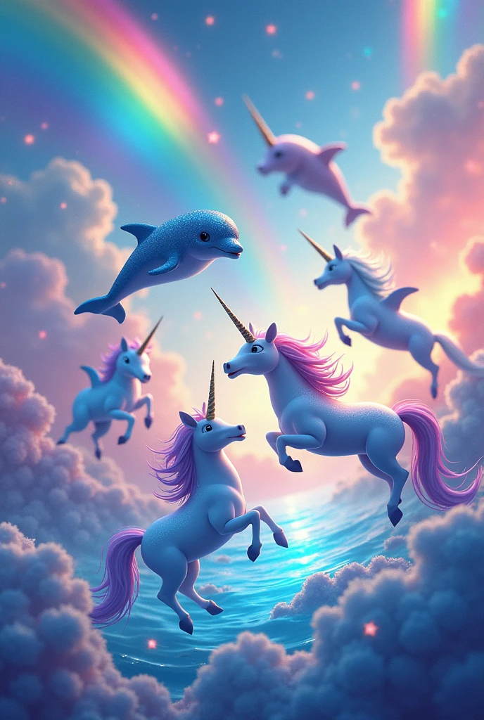 Un meme de i just wanna be part of your symphony con delfines, Unicorns floating and lots of colors and rainbows