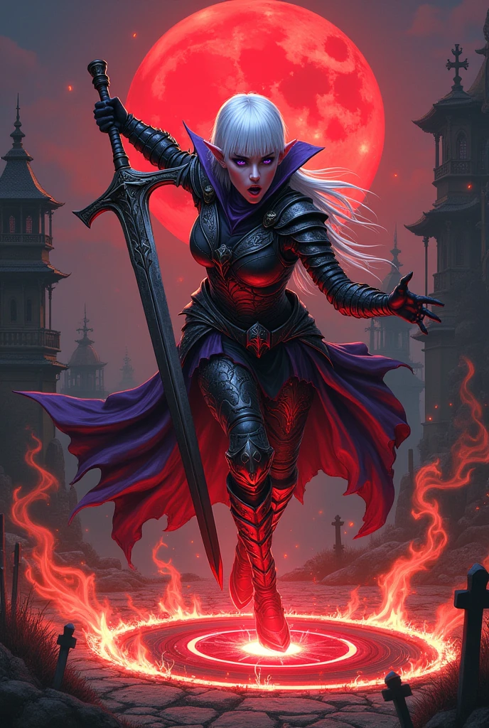 (Ultra-detailed face, Roar, shout:1.3), (Fantasy Illustration with Gothic & Ukiyo-e & Comic Art), (Full Body, A young-aged dark elf woman with white hair, blunt bangs, Very long disheveled hair, and dark purple skin, lavender eyes), (She is dressed in dusky, bloodstained, heavily armored armor and a velour cloak), (With a yell, she leaps up and strikes a daring pose, thrusting her two-handed greatsword into the center of the magic circle. Flames explode in the center of the magic circle), BREAK (In the background, an old temple and a cemetery can be seen, and the red moon tints the area red)