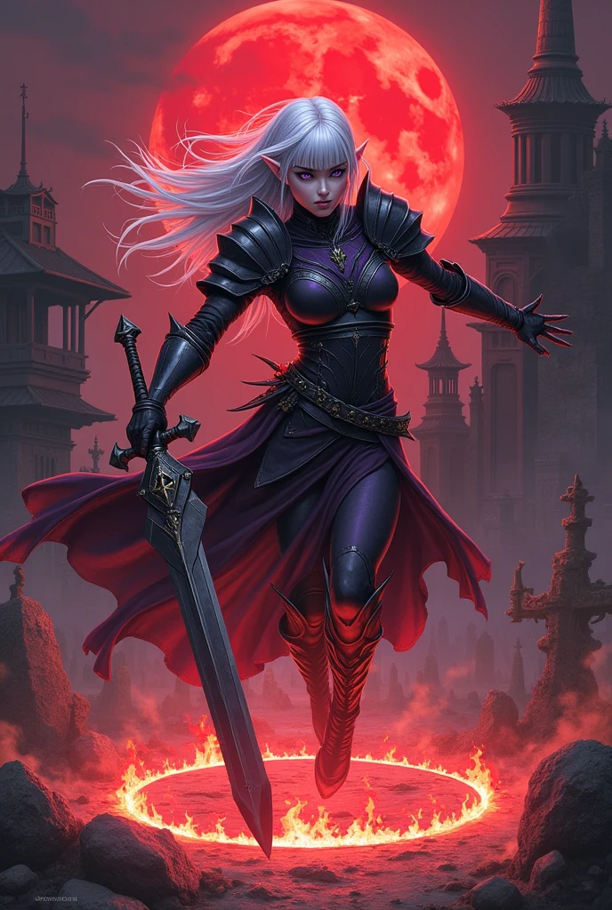 (Ultra-detailed face, Roar, shout:1.3), (Fantasy Illustration with Gothic & Ukiyo-e & Comic Art), (Full Body, A young-aged dark elf woman with white hair, blunt bangs, Very long disheveled hair, and dark purple skin, lavender eyes), (She is dressed in dusky, bloodstained, heavily armored armor and a velour cloak), (With a yell, she leaps up and strikes a daring pose, thrusting her two-handed greatsword into the center of the magic circle. Flames explode in the center of the magic circle), BREAK (In the background, an old temple and a cemetery can be seen, and the red moon tints the area red)