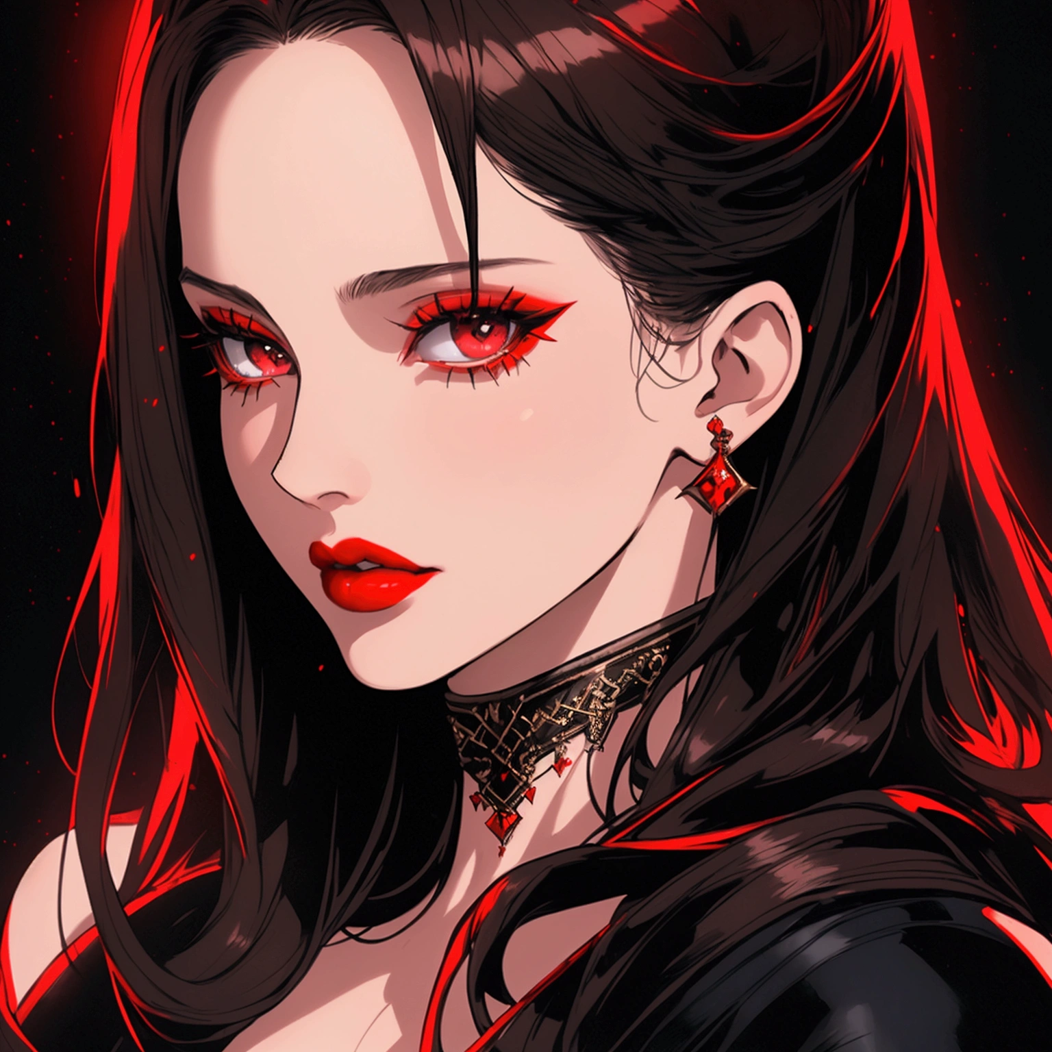 a beautiful young girl with dark hair and dark eyes, luscious red lips, dramatic pose, portrait, photo, detailed facial features, high quality, photorealistic, 8k, hyperrealistic, cinematic lighting, dramatic shadows, vivid colors, intricate details, masterpiece, elegant, fashion, glamorous