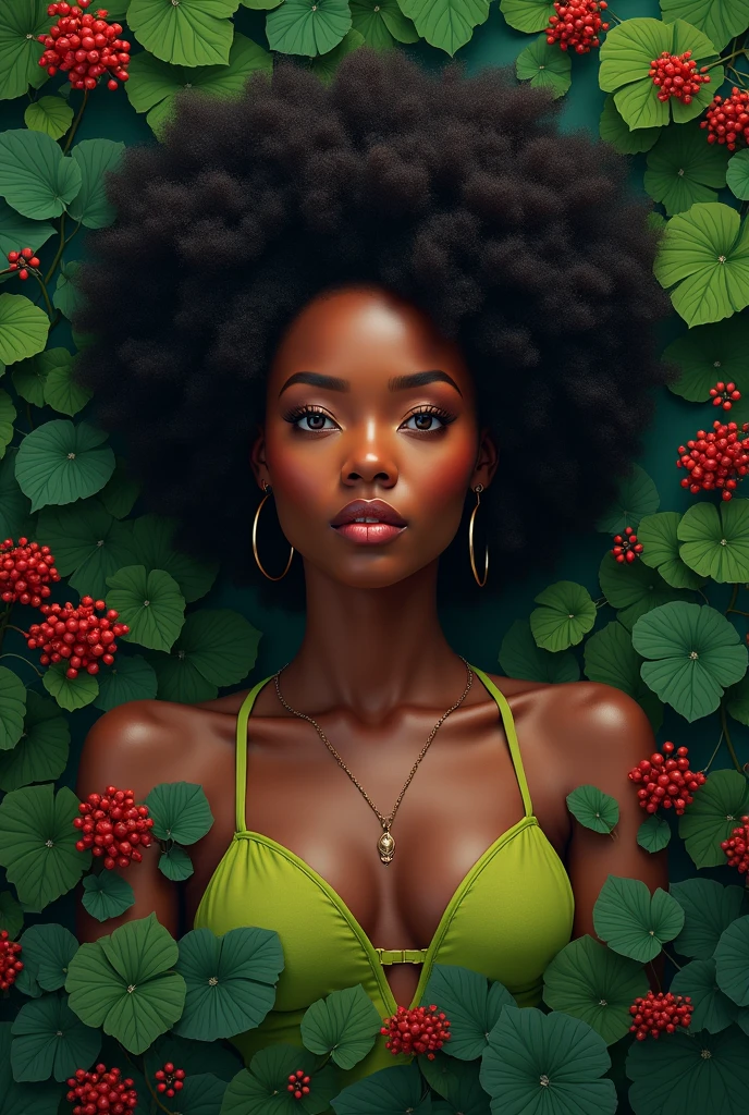 afro woman, with leaves, red fruits and red flowers