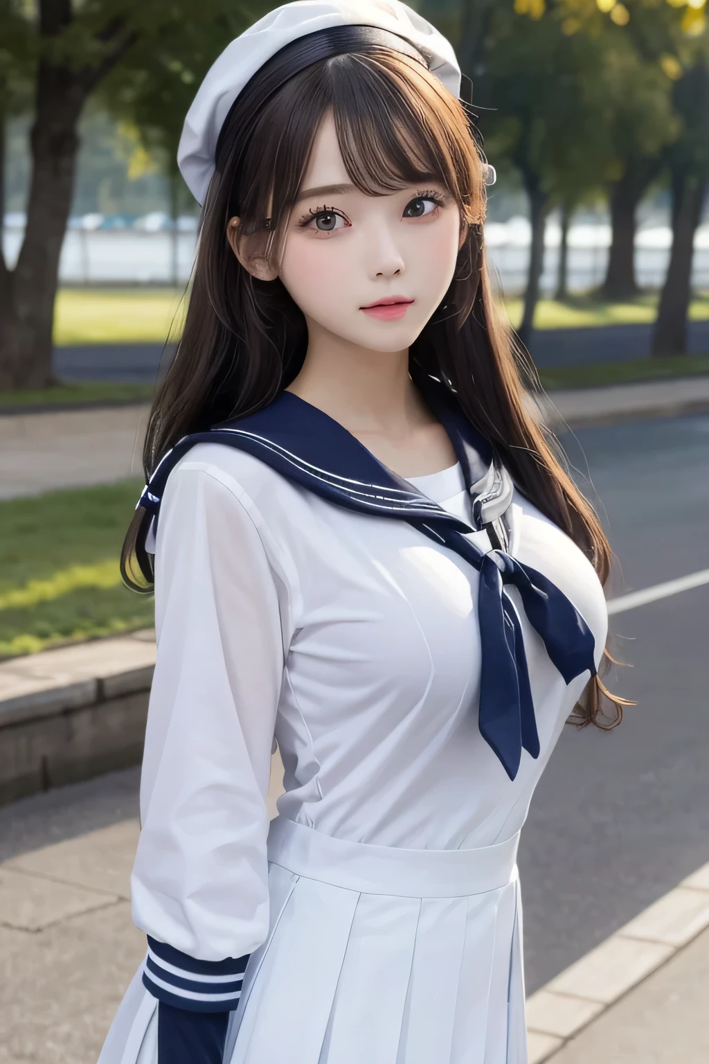 One Girl, 1 person,Highest quality,High resolution,超High resolution,8k,Realistic,Upper Body,encounter_audience,Large Breasts, the body is slim,(sailor suit School uniform:1.2),