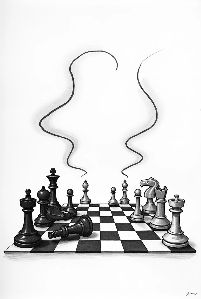 Imagine a black and white drawing showing two chess boards side by side. On the left board, The chess pieces are in a defeat position, with the king fallen and the other pieces in disarray. On the right board, The chess pieces are in a winning position, with the king safe and the other pieces strategically placed. Wavy lines connect the two boards., symbolizing the transition from defeat to victory. Would you like me to add more details to this description??