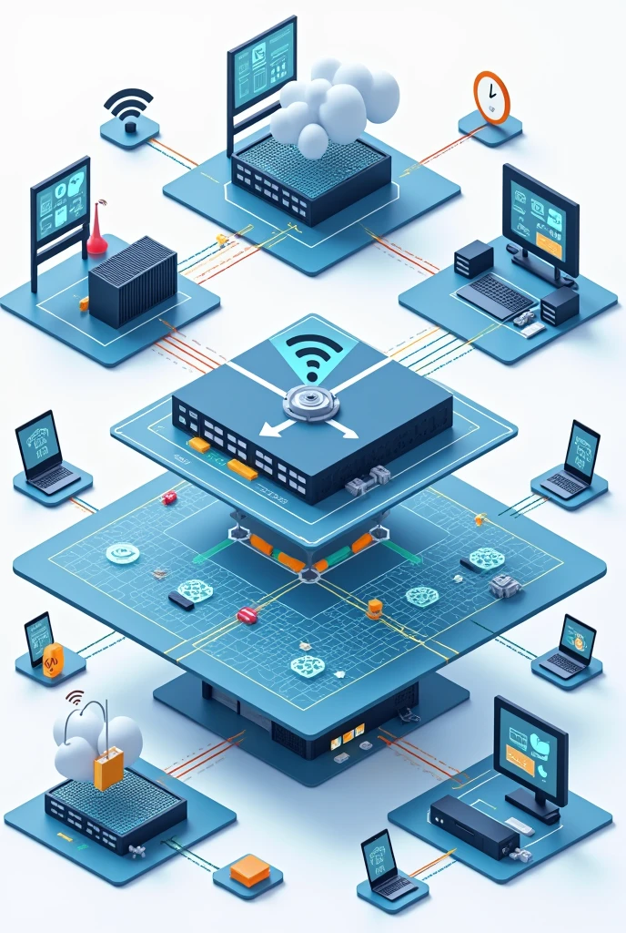 Generate an image with a transparent background of the simulation of a hierarchical network topology with the following levels:
Hierarchical Topology Description 1. Central Level (Core Layer)
Core Switch: At the center of the network, we will have one or more core switches (core switches) that connect all other distribution switches. These switches are responsible for routing traffic between different subnets and VLANs..
Onboard Router: The onboard router (edge router) is connected to the core switch and the internet connection, managing the input and output of data from the shopping mall network.
2. Distribution Level (Distribution Layer)
Distribution Switches: Connected to the core switch, distribution switches manage traffic on specific subnets and VLANs. They aggregate traffic coming from access switches and apply security policies., QoS (Quality of service), and routing.
Firewall e IDS/IPS: Located between the core switch and the distribution switches, These devices are responsible for filtering traffic and protecting the network against threats..
3. Access Level (Access Layer)
Switches de Acesso: These switches are spread throughout the mall and connected to distribution switches.. They are responsible for connecting end user devices, like Wi-Fi hotspots (APs). Access switches usually support PoE (Power over Ethernet) to power the APs.
Access Points (APs): Strategically distributed throughout the mall, APs connect to access switches. Each AP covers a specific area of the mall and distributes the Wi-Fi signal to customer devices.