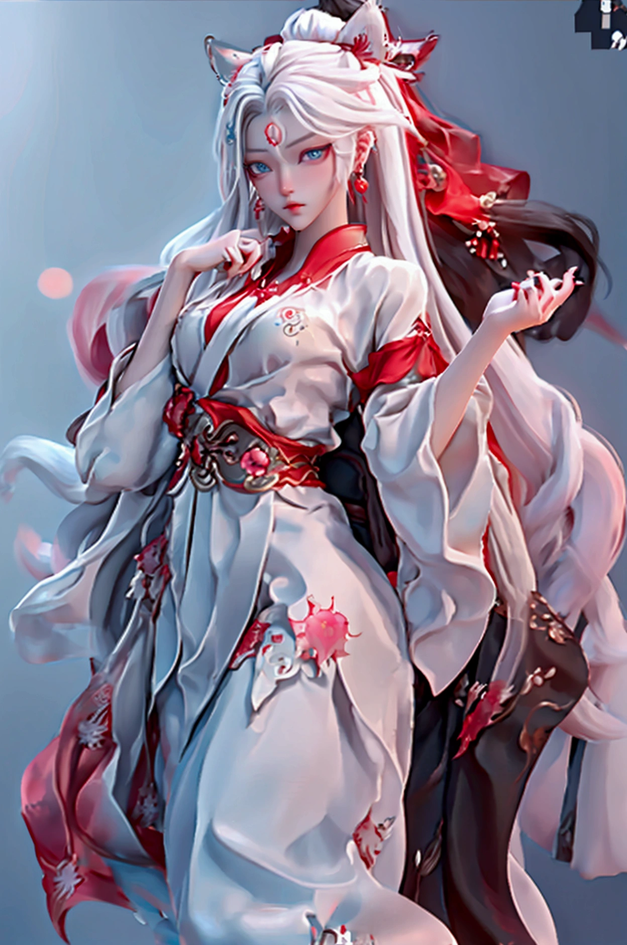 A slender woman with long, wavy black hair reaching to her waist, grayish pink locks with red tips, blue eyes with white star-shaped pupils, thin lips, sharp fangs, a red eyepatch in the shape of a red and white rose, a white and gold train driver's uniform with contrasting black stars and curved decorations, a belt with a pale red bow, sleeves rolled up to the elbow, pretty white gloves, a necklace that covers the entire neck with a four-pointed star figure, a black tie, white tights, long boots with white and gold heels with black external platforms.
