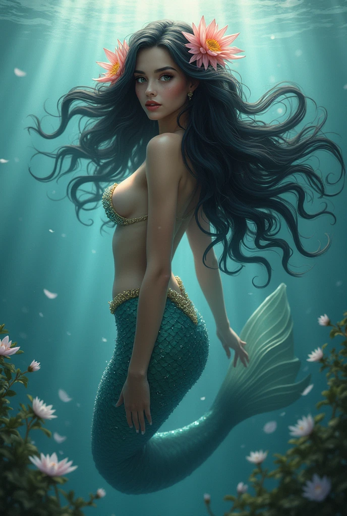 mermaid, black hair adorned with flowers, swimming in the seas, looking at the camera