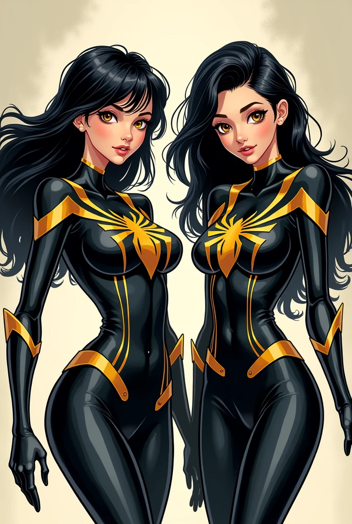 comic style, black haired 2 girl, ambar eyes, pale skin, pretty, in a black, black and grey spiderman suit with small gold details, loose hair, comic panel