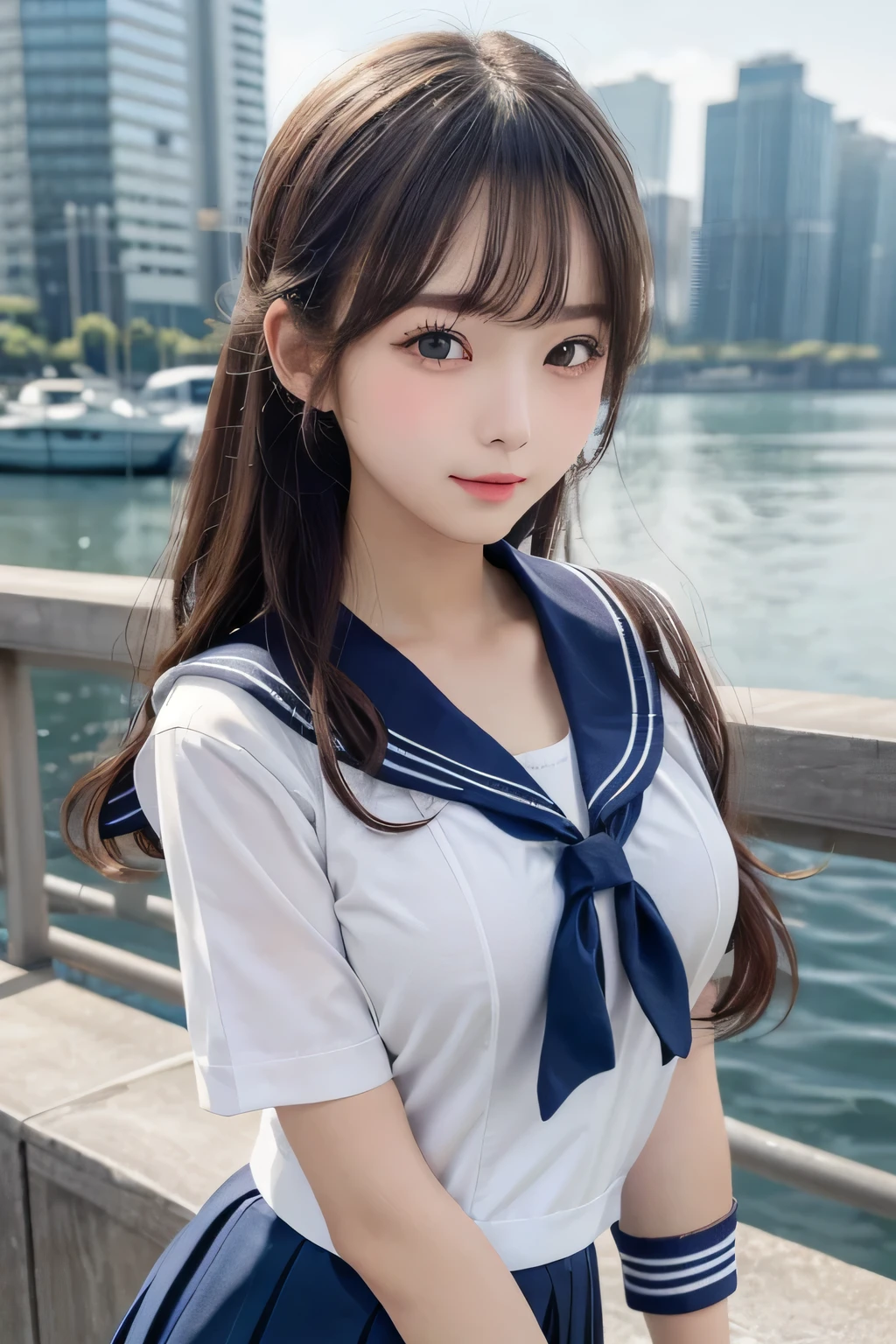 One Girl, 1 person,Highest quality,High resolution,超High resolution,8k,Realistic,Upper Body,encounter_audience,Large Breasts, the body is slim,(sailor suit School uniform:1.2),