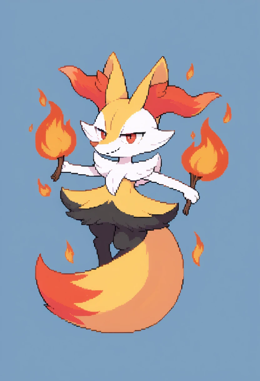 1girl, Masterpiece artwork, best qualityer, braixen, pokemon, yellow fox, detailded, Short snout, fluff ears, big tail, [Eyes red], olhos detaildeds, Fire background, dinamic pose, fox ears, fox tail, smug goofy face