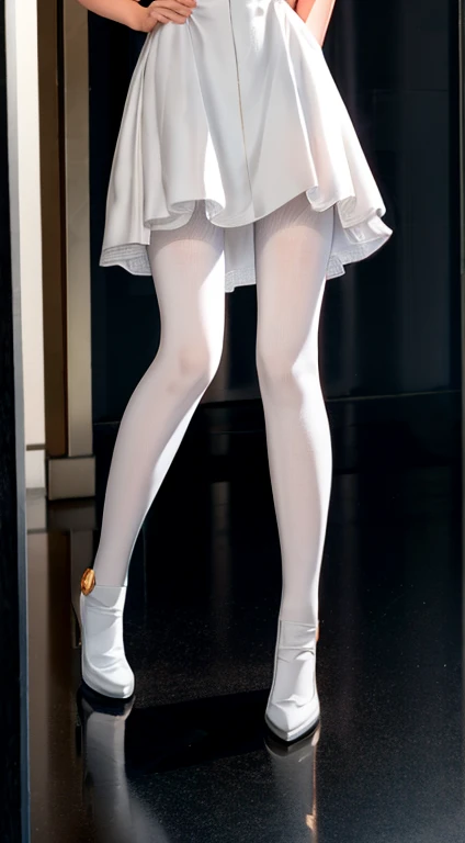 1girl,, Emma Watson, smiling, beautiful, masterpiece, best quality, white pantyhose, black boots , standing, full body