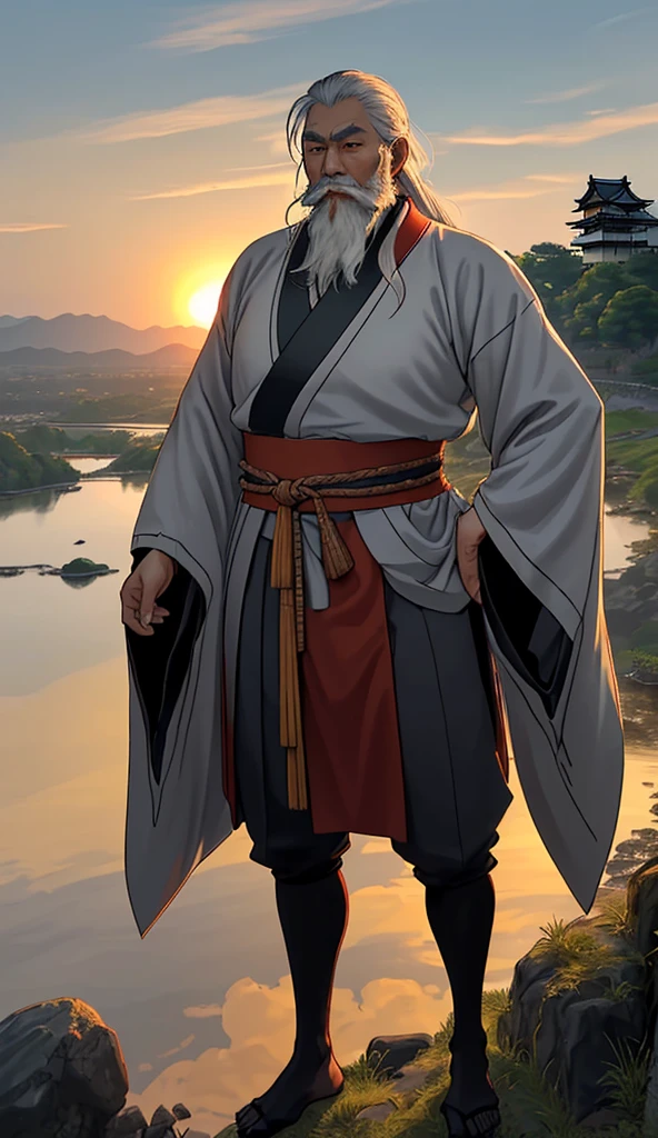 A dignified image of Hojo Soun, the strategic daimyo who founded the Hojo clan. Soun is depicted as an older man with a wise face, wearing a traditional samurai robe with the Hojo family crest. His hair is gray, tied back neatly, and he has a long, flowing beard. He stands on a hill overlooking his castle, with a commanding view of the surrounding land. The setting sun casts a warm glow over the scene, highlighting his figure. Soun's expression is calm and calculating, reflecting his reputation as a wise and strategic leader.