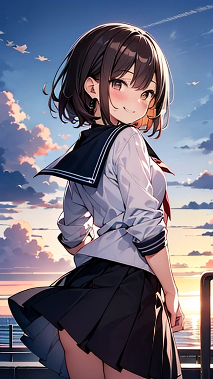 Let's think step by step,Highest quality、masterpiece、 Ultra-high resolution 、8k、Show anime style 、Soft Line Art、Digital Enhancement、 shojo anime touch, shojo manga core, Flowing fabric、Soft Drawing、 Ultra-Definition Digital Anime Art、 Clear facial depiction、Super detailed girl cartoon character art、 Ultra-detailed manga style、 Highest qualityの色、
1People Girls、(Brown hair short cut)、Beautiful brown hair、Perfect Face、Cute and symmetrical face、Shiny skin、Friendly face、Clear brown eyes、Slightly chubby、Small breasts、buttocks are small、(((Teasing Smile)))、High school girl in sailor suit、
On the way home from school、Back view、Clouds in the sky、Warm and soft sunset、A pleasant breeze blows、Beautiful hair blowing in the wind