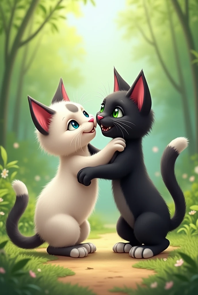 You said:
I would like a picture of my two cats playing, one is a Siamese puppy. all white with gray paws and tail , it&#39;s a gray spot on the face too, your nose is pink and your eyes are blue , the other cat is frajola , it&#39;s black , and has white paws, your belly too  , your eyes are green and your nose is pink the spot on your face is white , the scenery I want green 