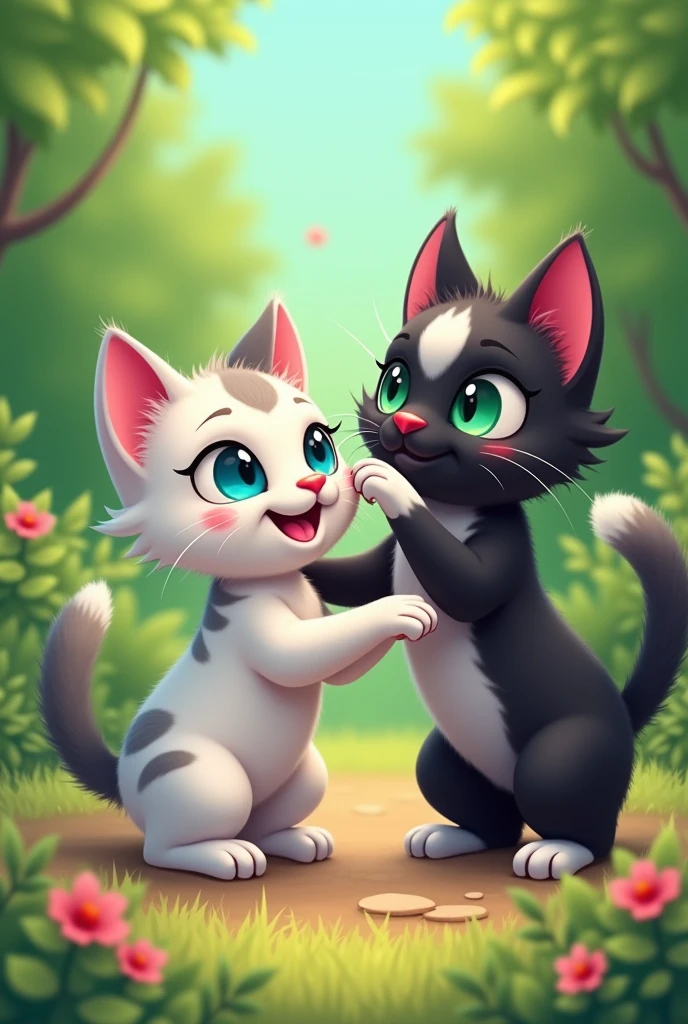 You said:
I would like a picture of my two cats playing, one is a Siamese puppy. all white with gray paws and tail , it&#39;s a gray spot on the face too, your nose is pink and your eyes are blue , the other cat is frajola , it&#39;s black , and has white paws, your belly too  , your eyes are green and your nose is pink the spot on your face is white , the scenery I want green 