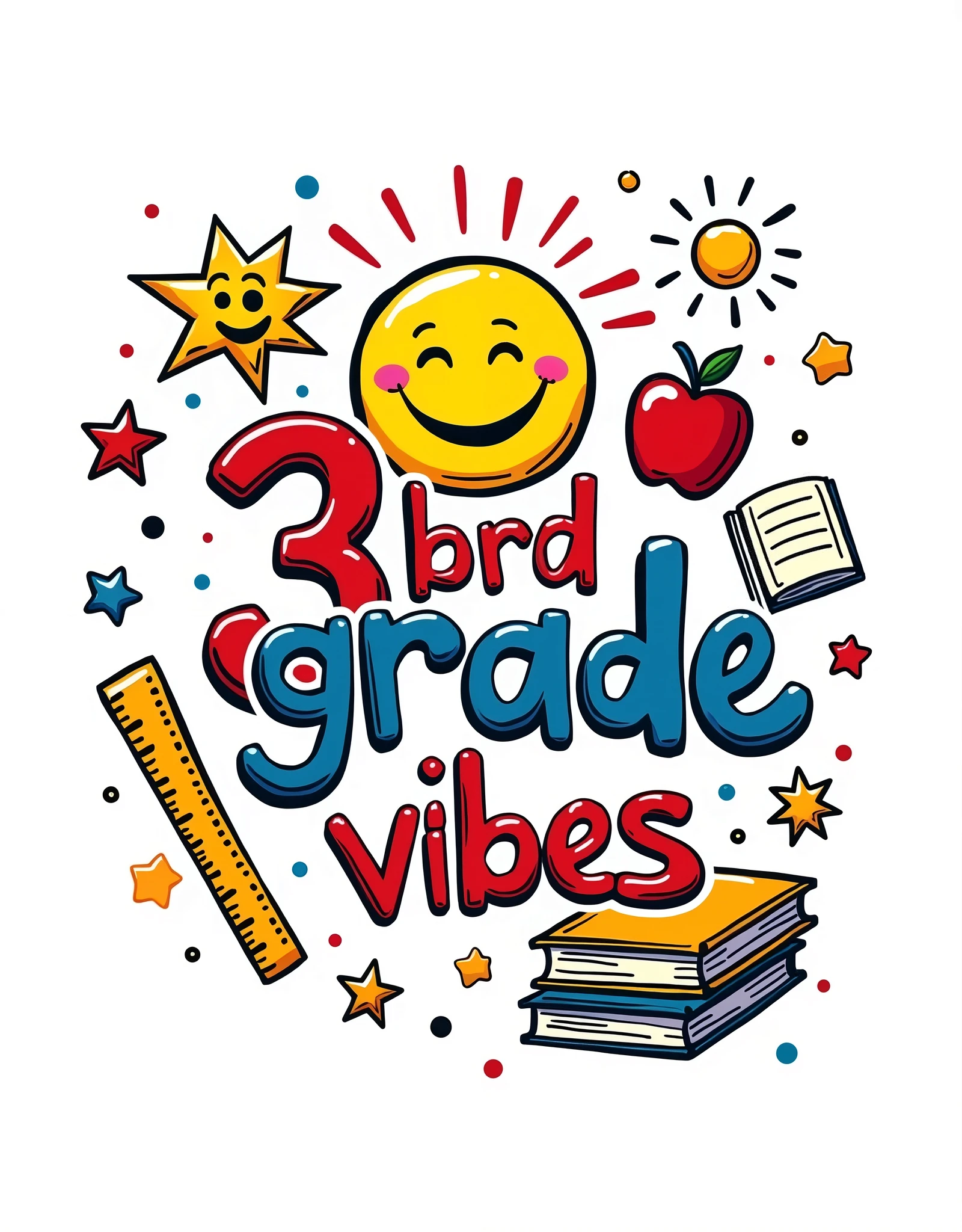 Girls 3rd Grade Vibes "3rd-grade vibes" Design: A fun and colorful t-shirt design with the phrase "3RD GRADE VIBES", Smile Face, in a groovy, retro font. The design includes playful icons such as a stack of books, a ruler, and a smiling sun, all in a bright color palette that evokes excitement for the new school year. ON WHITE BACKGROUND