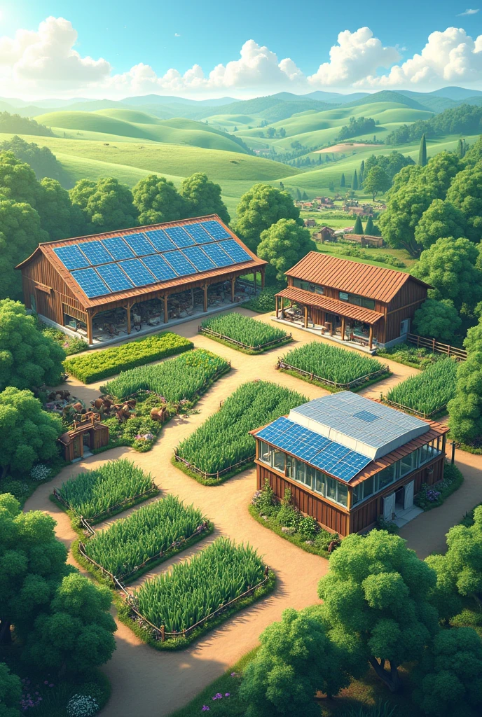 Solar-powered water pumps and greenhouses with animal stalls