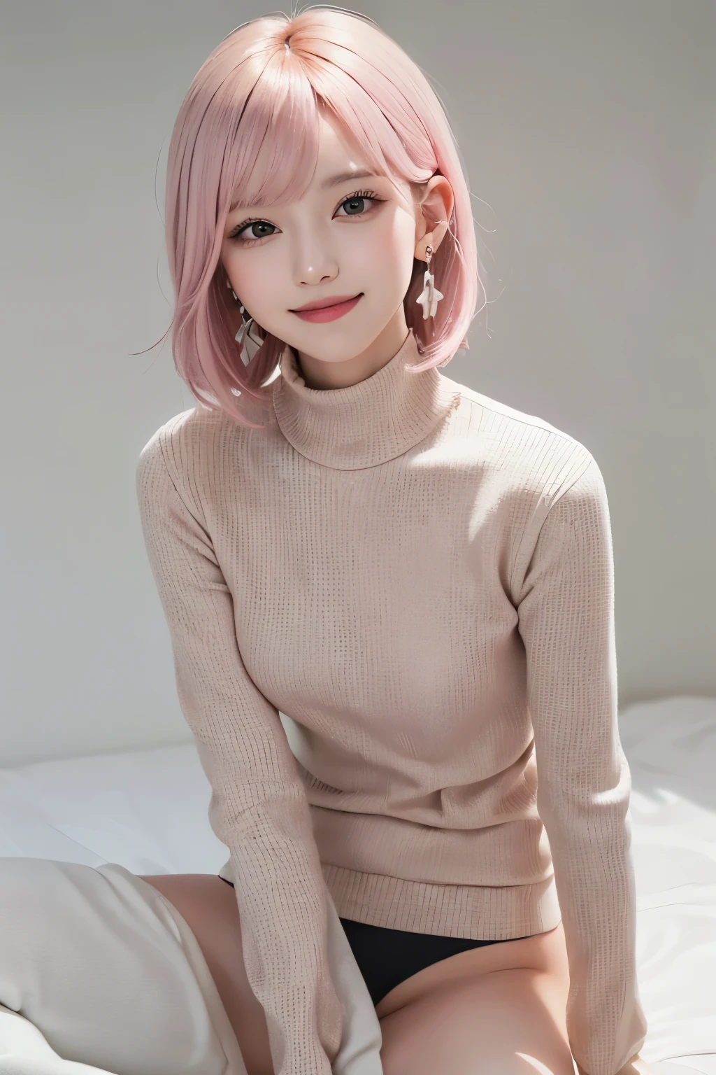 Masterpiece、High definition photo quality、8k、Japanese women、Beautiful mature woman、38 years old、Beige pleated mini skirt、Tight-fitting blouse、White over-the-knee socks、Red cheeks、Big Eyes、Pink Hair、short hair、Shy expression、Flip up your skirt、Showing white panties、Sit with your knees bent
