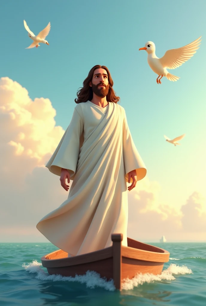 Create an image of Jesus from the biblical story wearing a white dress.
With one of about .
On a boat at sea.
with birds flying, um dia ensolarado.
disney pixar style 3d