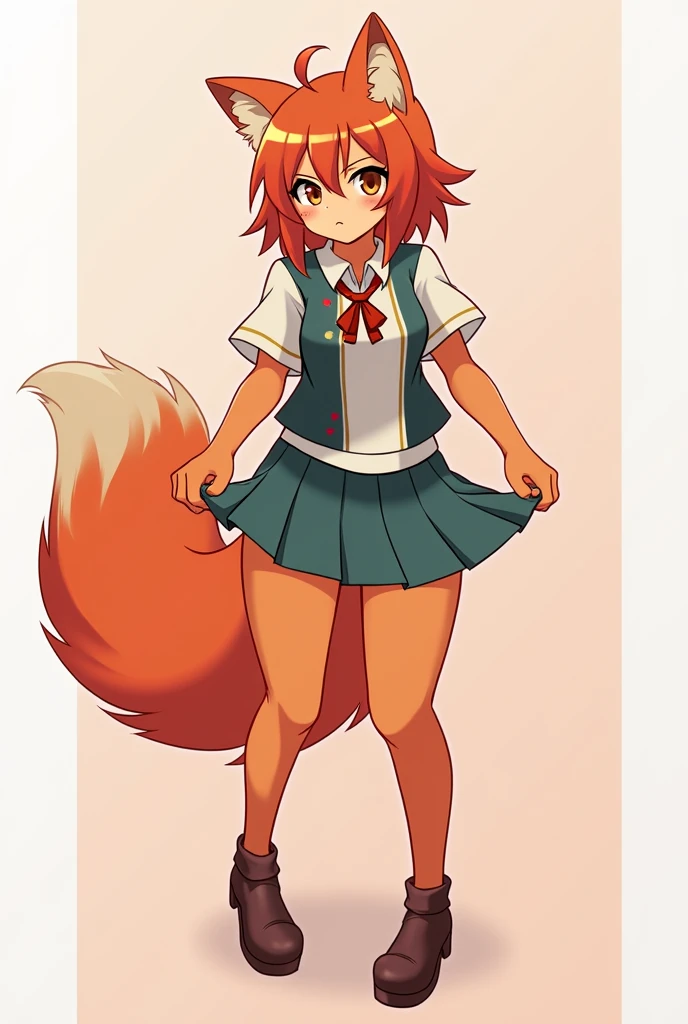 An anthropomorphic animal (furry)with reddish orange fur, a reddish orange tail and reddish orange ears together with reddish orange hair. CLOTHES:collegiate. pose:showing her vagina and lifting her skirt