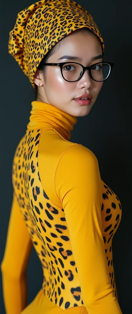 the twenty nine years old asian chinese contortion muslimah wearing a pair of black glasses wears honey yellow leopard print lycra and spandex turtleneck unitard catsuit and honey yellow leopard print lycra dancewear hijab covered with spots.She has beautiful cheeks.


