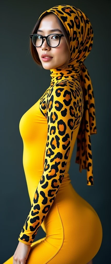 The most beautiful,most slender thin and most clever asian muslimah adult feamle person with beautiful cheeks wears marigold yellow jaguar print lycra turtleneck unitard catsuit covered with spots and always wearing marigold yellow jaguar print lycra elastane stretchy dancewear hijab covered with spots.