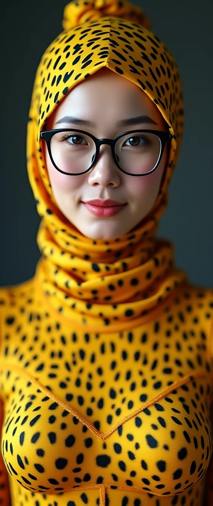 the twenty nine years old asian chinese contortion muslimah wearing a pair of black glasses wears honey yellow leopard print lycra and spandex turtleneck unitard catsuit and honey yellow leopard print lycra dancewear hijab covered with spots.She has beautiful cheeks.


