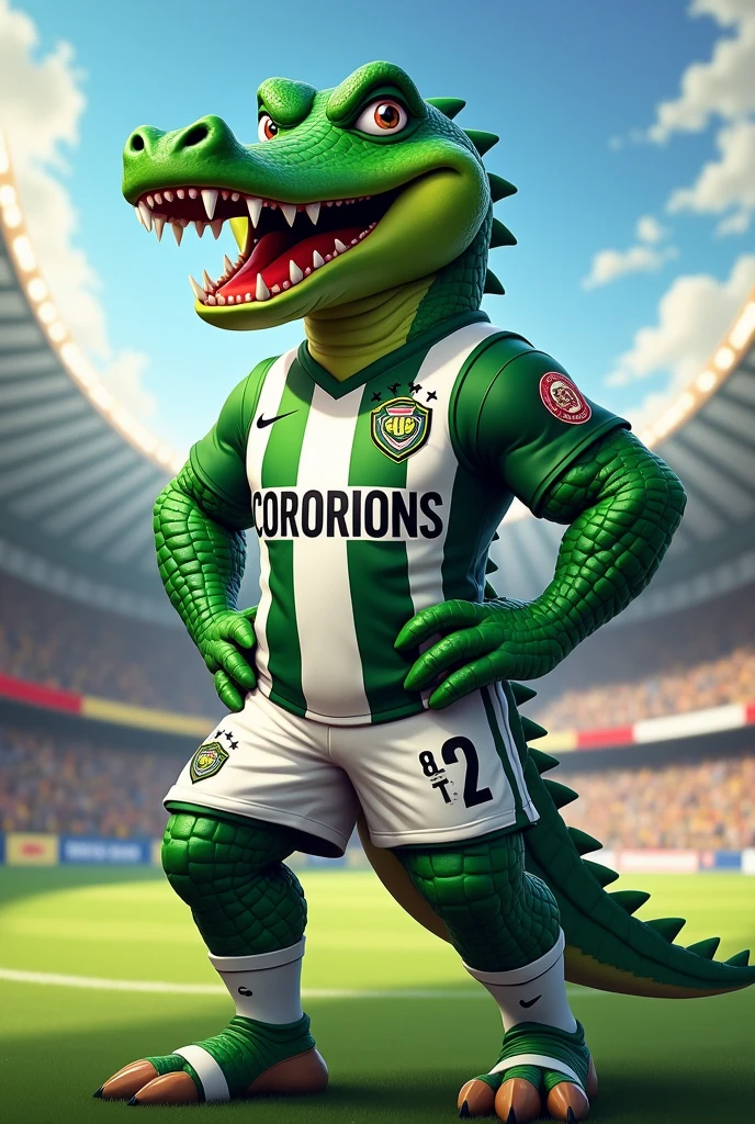 an alligator mascot dressed in the uniform of Corinthians, a Brazilian team from São Paulo