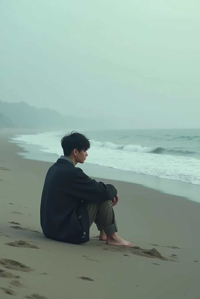 sad young man in the sand