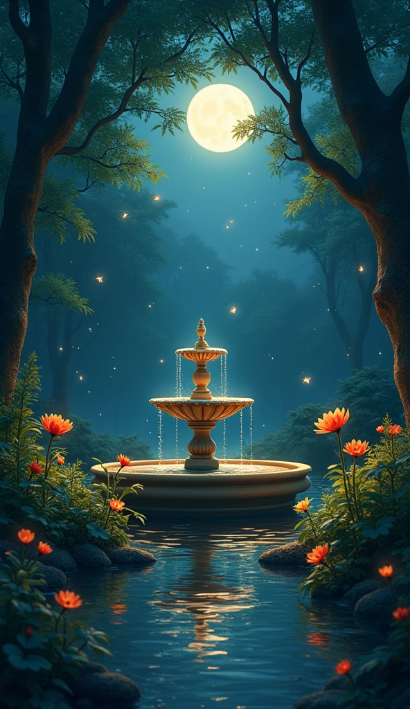 Beautiful anime scenery, Small forest fountain at night, Shining fireflies, Magical Moonlight, Serene atmosphere, Lush greenery, Detailed leaves, Calm water, Surface reflection, Great lighting, Vibrant colors, Painterly style, (Highest quality,8k,High resolution,masterpiece:1.2),Very detailed,(Realistic,photoRealistic,photo-Realistic:1.37),Intricate details,Structure of the film,Dramatic Shadows,Warm color palette