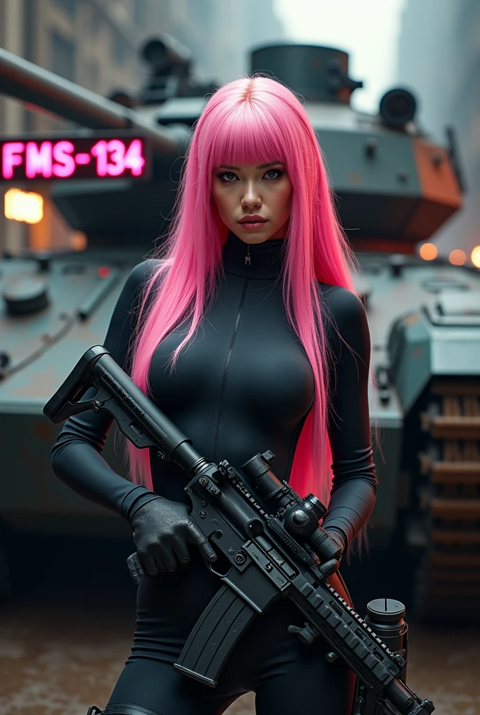 A very attractive woman with long, flowing pink hair. She is wearing a long jumpsuit. Behind her is a tank with a neon sign that says “FMS-134” artillery woman, shooter, murderer. cyber punk.  Woman with a rifle in her hand. high resolution, ultra HD, high qualiy, 
