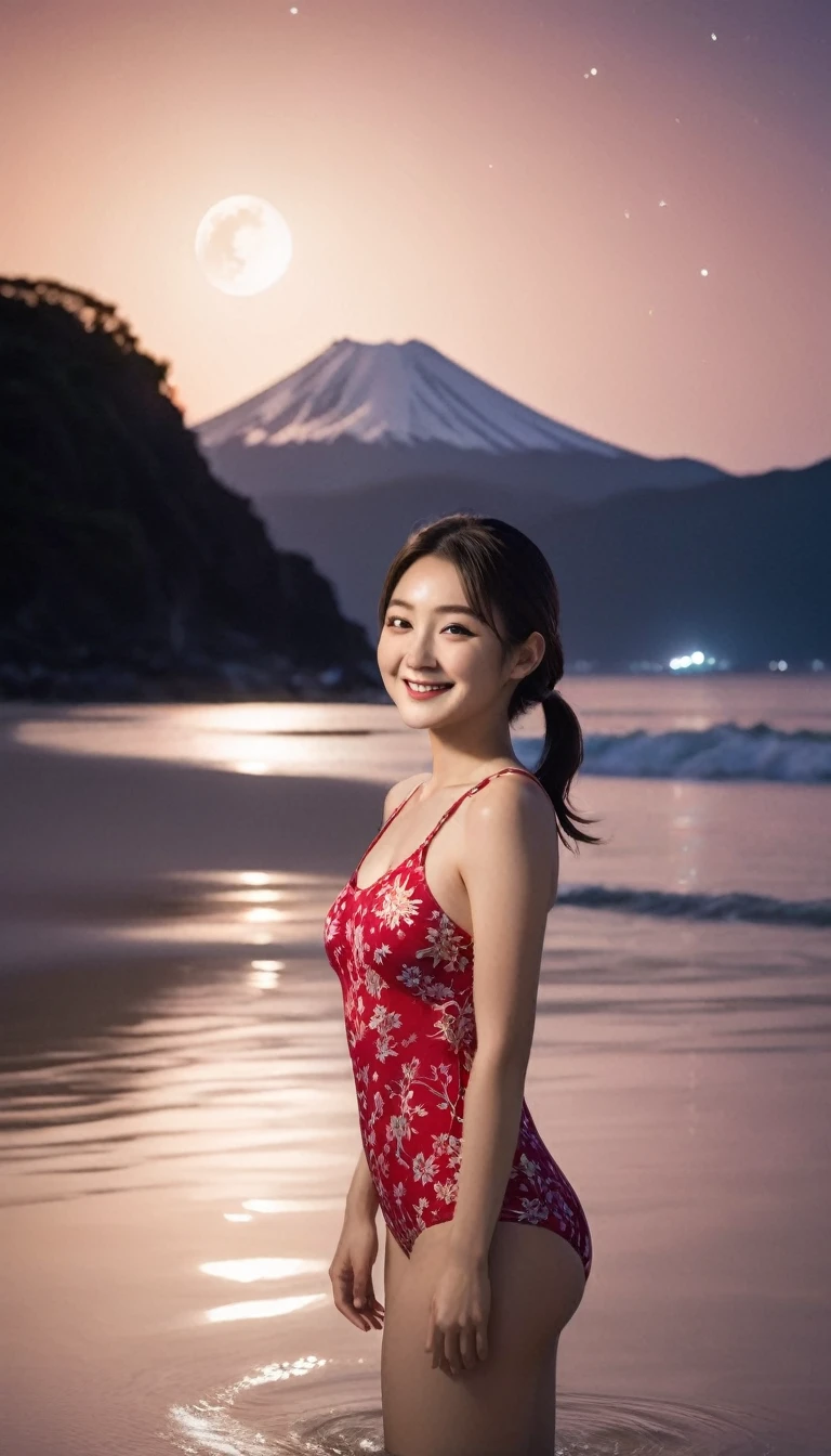 A beautiful 2 Japanese woman with her hair tied back in a sleek ponytail stands on a tranquil beach near a towering mountain under the night sky. She is wearing a red floral-patterned swimsuit that accentuates her curvaceous figure, highlighting her firm, well-proportioned bust. The soft glow of the moonlight bathes the scene, reflecting off the gentle waves and casting a silvery light on the mountain in the background. She smiles widely and sweetly, her joyful expression adding warmth and charm to the serene, magical atmosphere of the night.