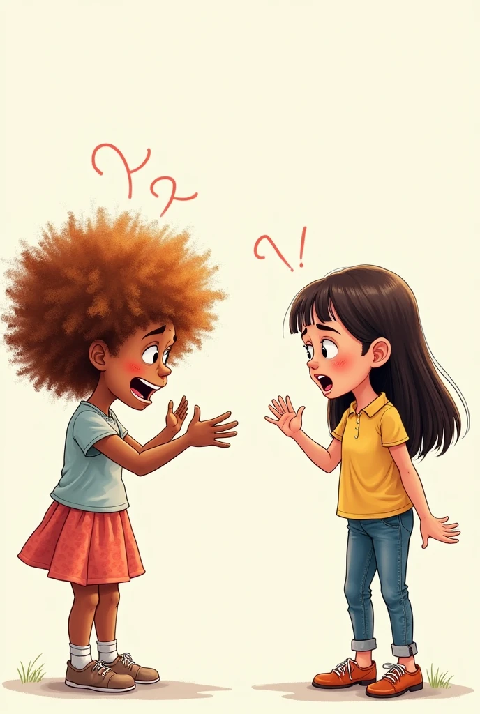 A girl with curly hair arguing with a girl with straight hair (funny drawing)