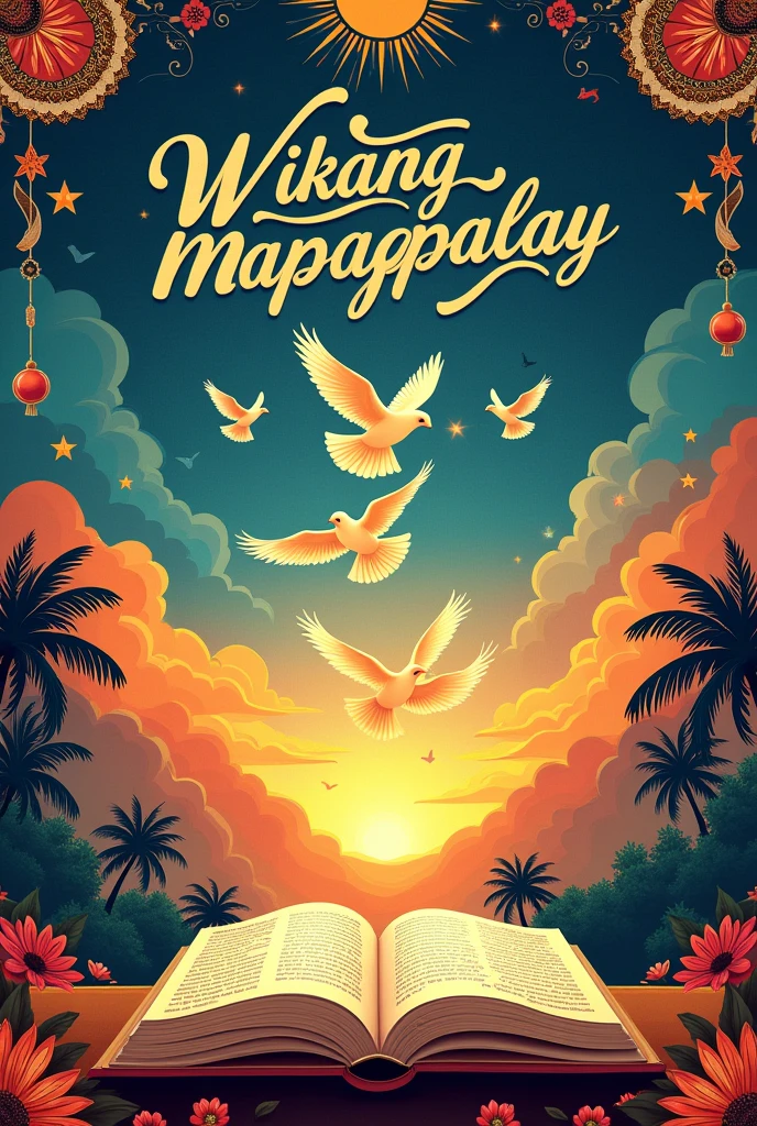 A landscape-oriented poster with the title "Wikang Mapagpalaya" prominently displayed in elegant, flowing Filipino script across the top. The background is a dynamic panorama of vibrant colors, symbolizing the richness and diversity of language. In the center, an open book lies horizontally, with its pages morphing into soaring doves, representing the liberating power of language. Traditional Filipino patterns and cultural symbols, such as the sun, stars, and intricate textiles, subtly frame the scene. The overall design is empowering, with a strong emphasis on cultural pride and the transformative impact of language on freedom.