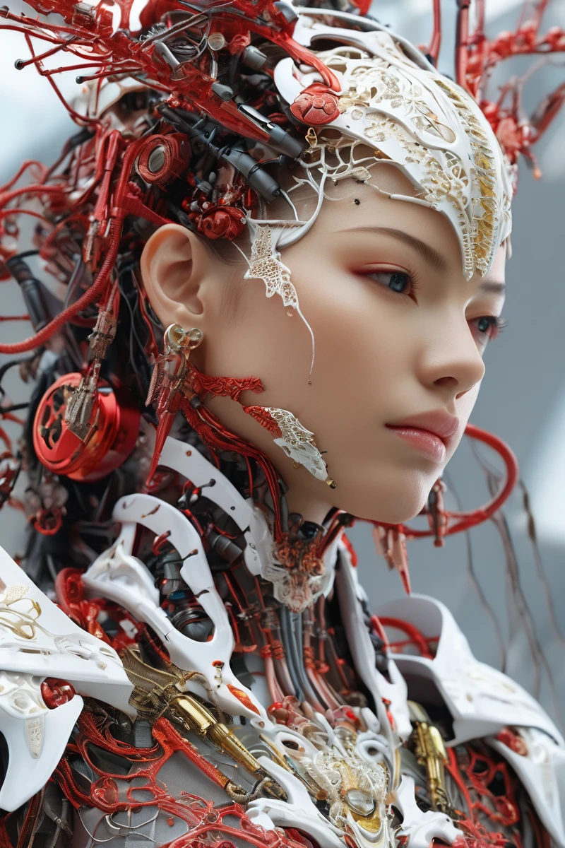 (masterpiece, best quality, ultra realistic,32k,RAW photo, detail skin, 8k uhd, dslr, high quality, film grain:1.5),
nousr robot, complex 3d render ultra detailed of a beautiful death angel, biomechanical cyborg, analog, 150 mm lens, beautiful natural soft rim light, big leaves and stems, roots, fine foliage lace, colorful details, samourai, Boris Bidjan Saberi outfit, pearl earring, piercing, art nouveau fashion embroidered, intricate details, mesh wire, mandelbrot fractal, anatomical, facial muscles, cable wires, microchip, badass, hyper realistic, ultra detailed, octane render, volumetric lighting, 8k post-production, red and white with a bit of black, detailled metalic bones, semi human, iridescent colors, Glenn Brown style, white room, power of the god, high-angle shot, complex body poses, beautiful face