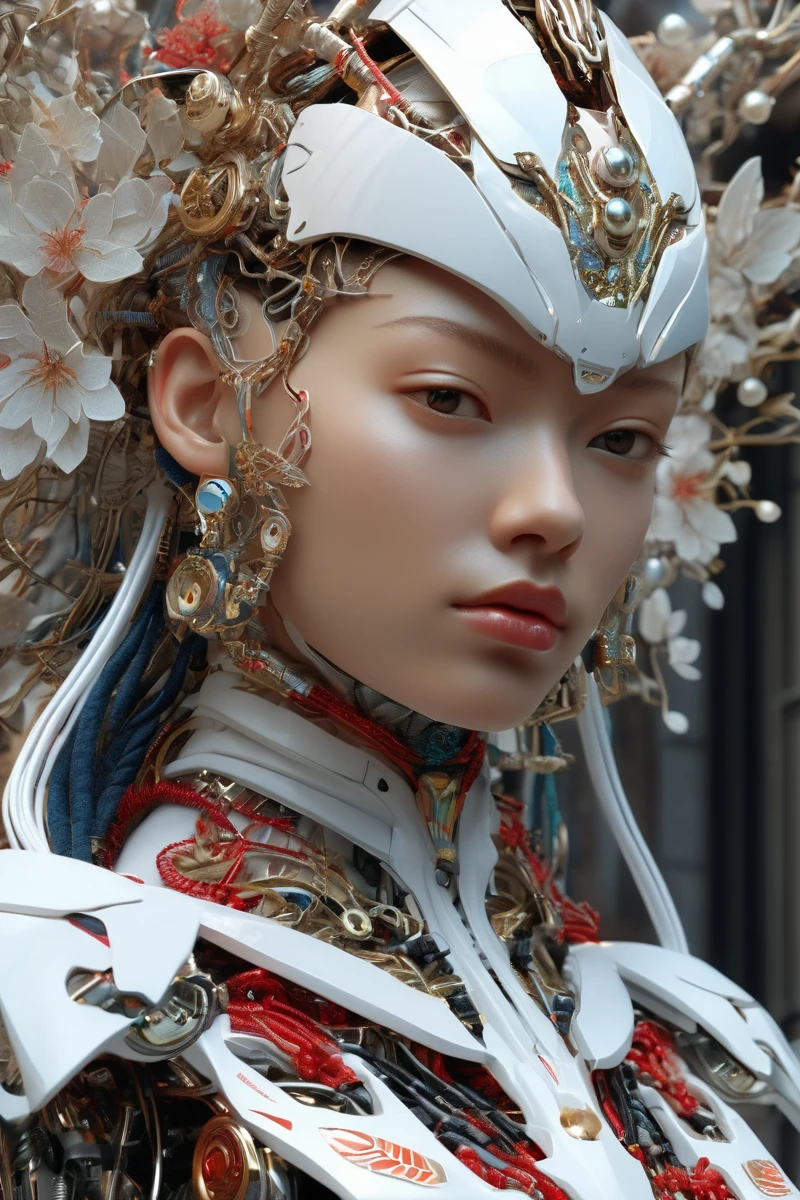 (masterpiece, best quality, ultra realistic,32k,RAW photo, detail skin, 8k uhd, dslr, high quality, film grain:1.5),
nousr robot, complex 3d render ultra detailed of a beautiful death angel, biomechanical cyborg, analog, 150 mm lens, beautiful natural soft rim light, big leaves and stems, roots, fine foliage lace, colorful details, samourai, Boris Bidjan Saberi outfit, pearl earring, piercing, art nouveau fashion embroidered, intricate details, mesh wire, mandelbrot fractal, anatomical, facial muscles, cable wires, microchip, badass, hyper realistic, ultra detailed, octane render, volumetric lighting, 8k post-production, red and white with a bit of black, detailled metalic bones, semi human, iridescent colors, Glenn Brown style, white room, power of the god, high-angle shot, complex body poses, beautiful face
