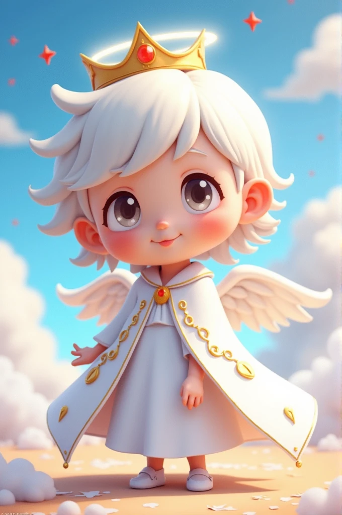 I want a character with a white outfit with a crown a white cape with symbol Cartoon style