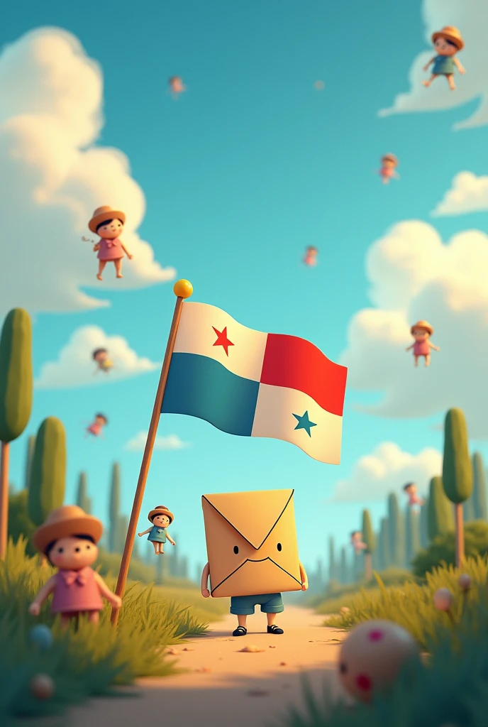 Letters that say Shikari arrived in Panama with the Panama flag with a background of a landscape of a sky with dolls among us