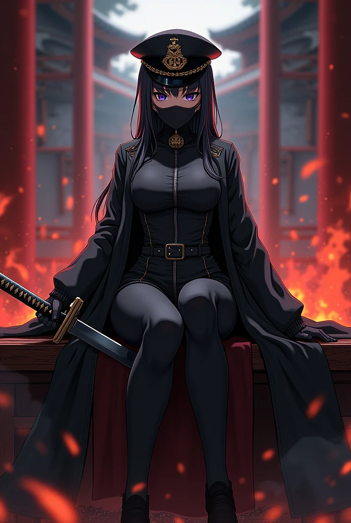 Anime girl wearing a long black jacket and tight clothes, wearing a war general's hat, sitting on the royal bench arrogantly, holding a katana, wearing a mask, the atmosphere in the Japanese castle is burning, full of aura