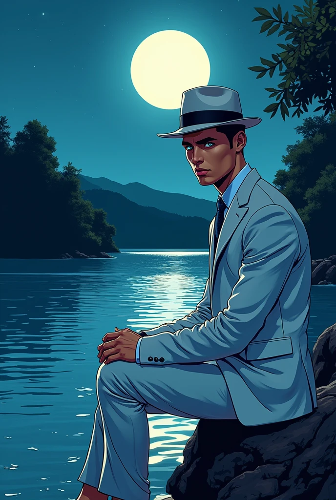 one men, handsome young man with blue eyes in a white suit and a formal hat sitting on a rock on the banks of a river on a moonlit night. in comic style