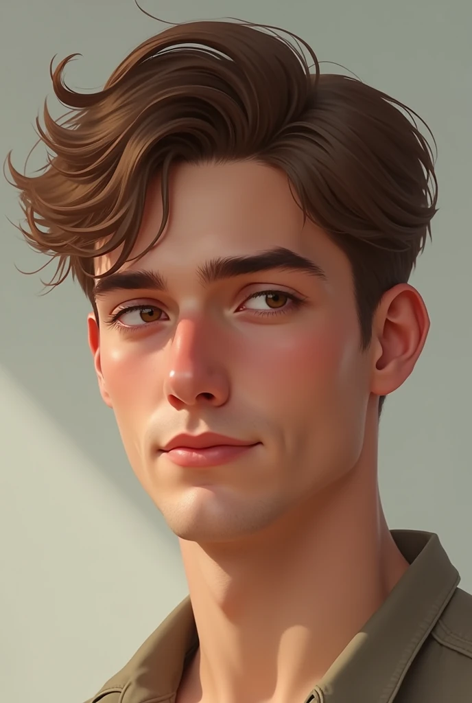 Create the image of a young man ,with light brown hair and hazel eyes,heart-shaped mouth,firm, beardless face