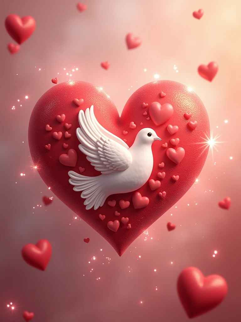 Heart-shaped design with the name "Sacred Refuge", adorned with a white dove and floating hearts, evoking love and serenity, digital art, soft shades of red, matte finish, dreamy background with sparkles.