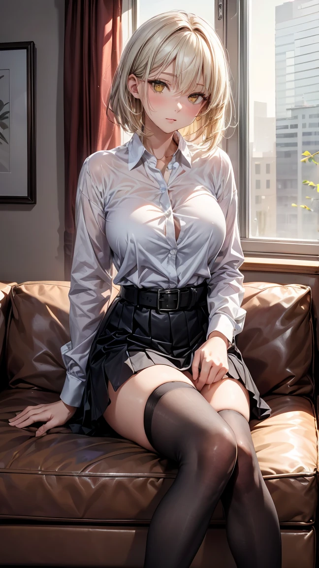 
"A 30 year old woman with short straight white hair, and intense yellow eyes. She is wearing a more mature outfit: a black long sleeve button down shirt, a black mini skirt, a black belt, and black tights that cover her toned legs all the way down to her feet. The woman is in the living room of a modern house, with an expression mixed with mystery and coldness. The surrounding environment is cozy and sophisticated, with modern furniture in neutral tones, a large window that lets in soft light, and an elegant sofa where she is sitting, your hands resting on the arm of the sofa."
