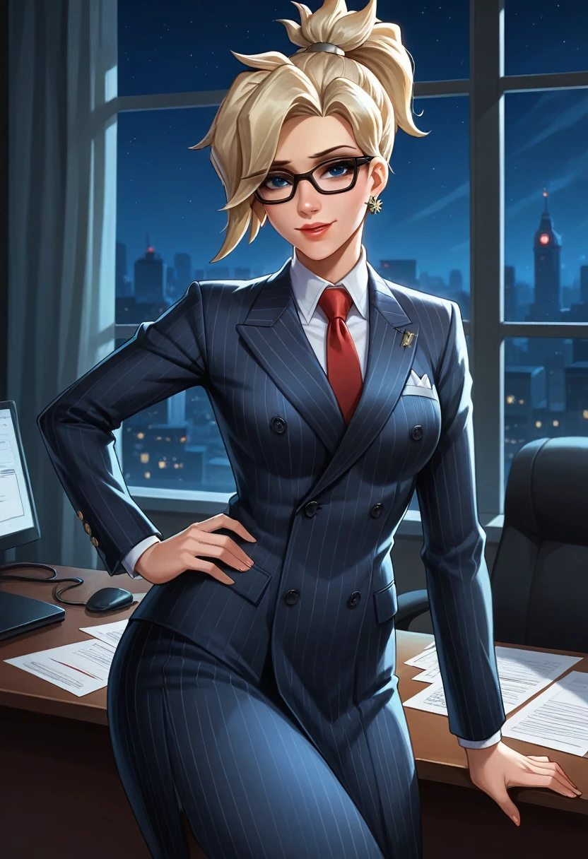 score_9, score_8_up, score_7_up,score_6_up, score_5_up, 1girl, Mercy (Overwatch), solo, pretty face, blonde hair, ponytail, light blush, makeup, lipstick, medium perky breasts, seductive eyes, double-breasted suits, 1girl, solo, glasses, formal, jewelry, suit, red necktie, earrings, jacket, shirt, standing, hand on hip, window, navy pinstripe jacket, light blue shirt with white shirt collar, skirt, makeup, bedroom eyes, seductive, heavy blush, smile, detailed background, night, moonlight, inside, office, volumetric lighting, vivid colours, sitting on office chair, full body shot, sexy, 