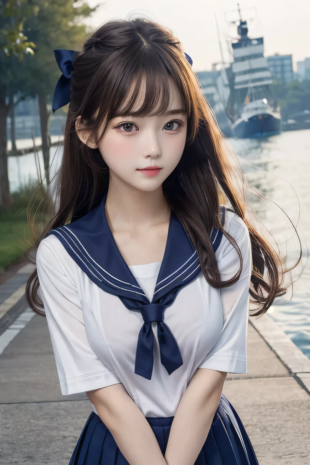 One Girl, 1 person,Highest quality,High resolution,超High resolution,8k,Realistic,Upper Body,encounter_audience,Large Breasts, the body is slim,(sailor suit School uniform:1.2),