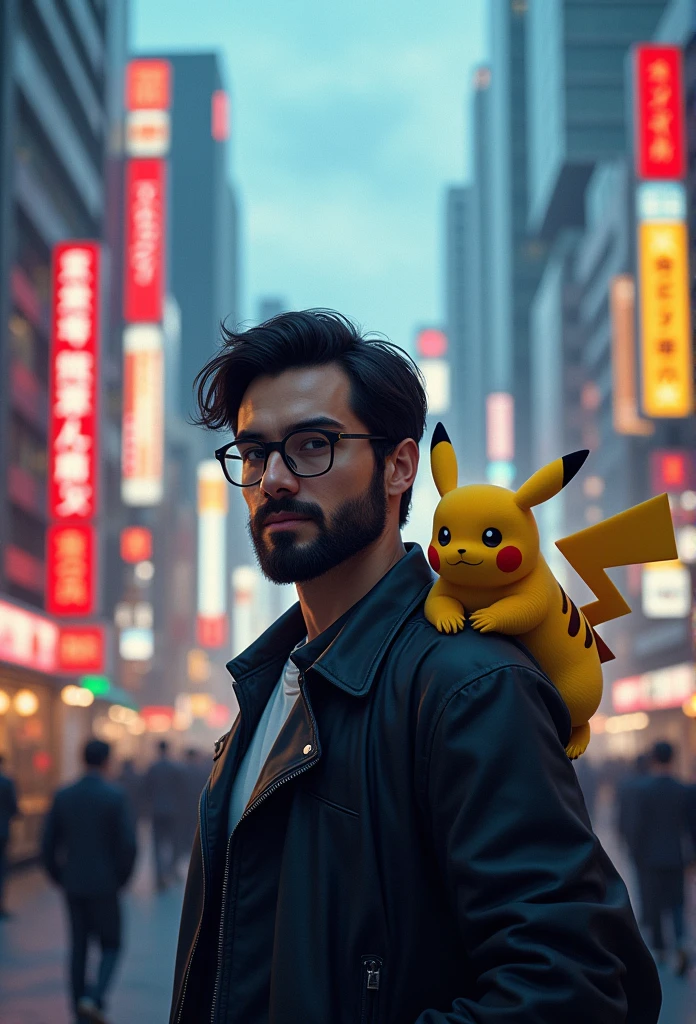 Homem moreno, of glasses and beard, with pikachu on his shoulder in the middle of Tokyo