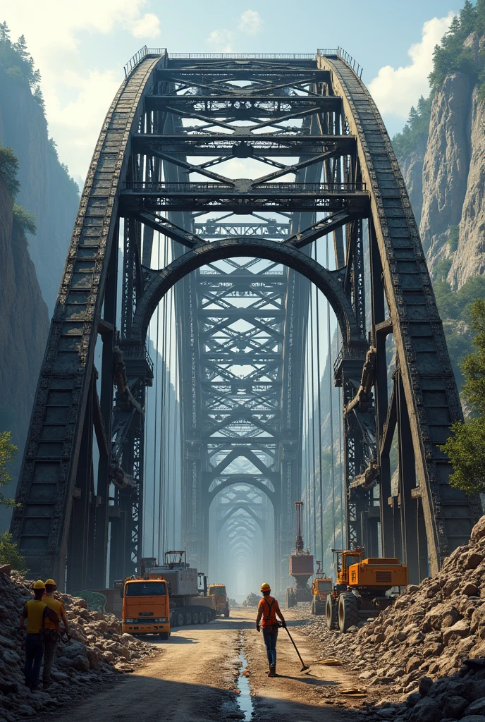 image of the assembly of a metal structure of a realistic arch bridge with large spans