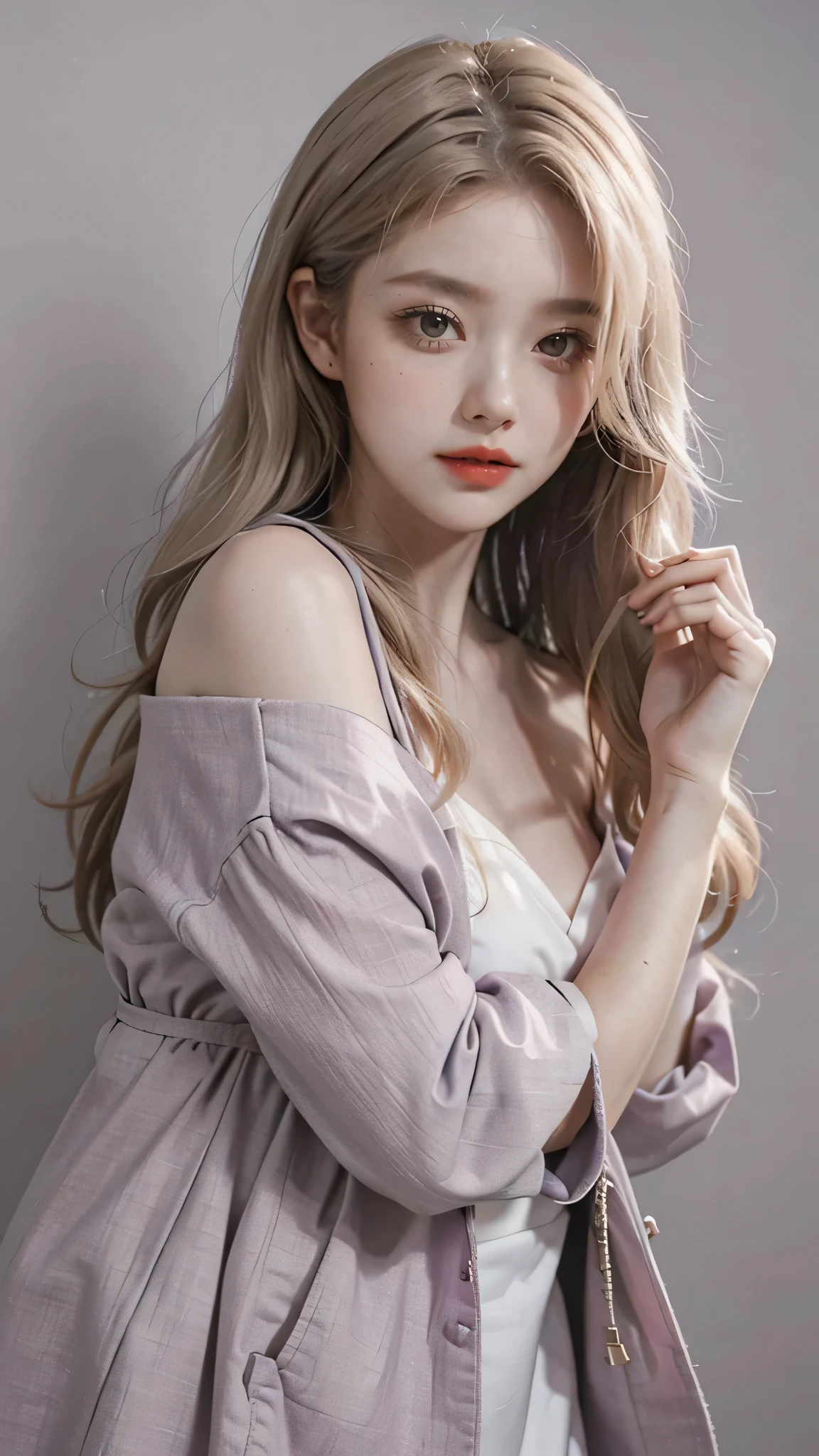 Girl wearing, luxury purple coat, shoulder length hair, wavy hair, glowing skin, star in eye, red lips, grey background, cute poses , upper body, light blonde hair.