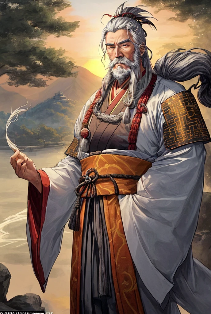 A dignified image of Hojo Soun, the strategic daimyo who founded the Hojo clan. Soun is depicted as an older man with a wise face, wearing a traditional samurai robe with the Hojo family crest. His hair is gray, tied back neatly, and he has a long, flowing beard. He stands on a hill overlooking his castle, with a commanding view of the surrounding land. The setting sun casts a warm glow over the scene, highlighting his figure. Soun's expression is calm and calculating, reflecting his reputation as a wise and strategic leader.