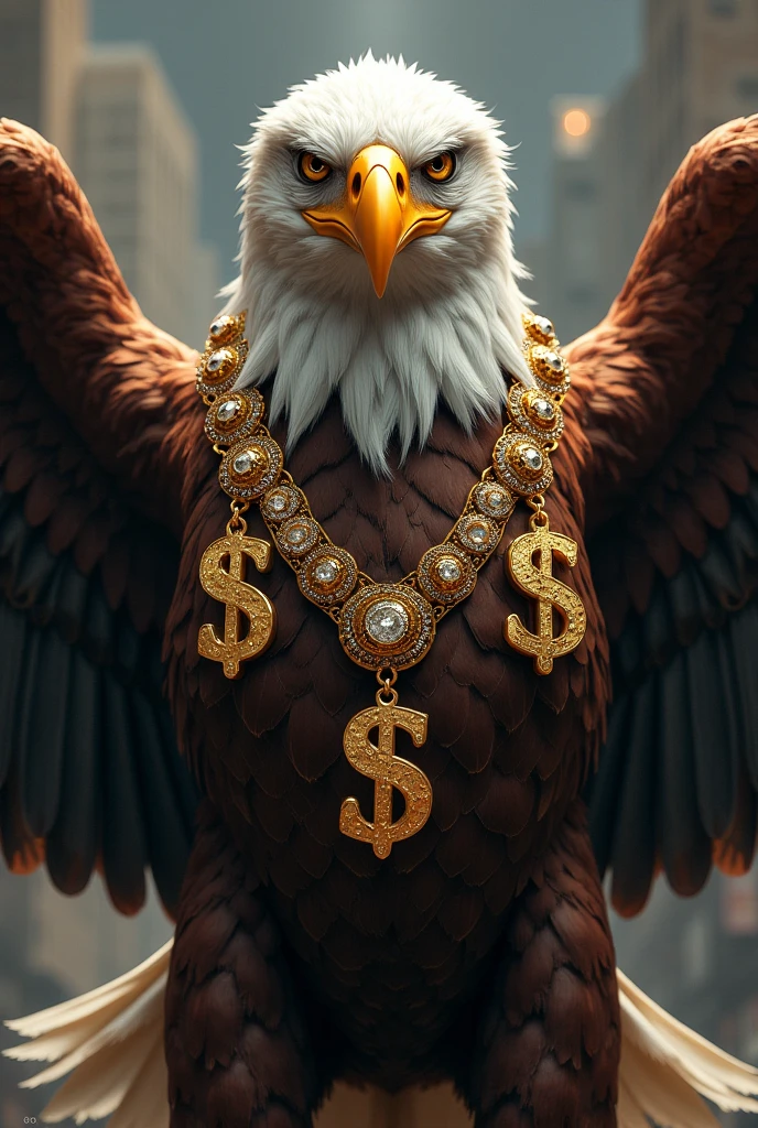 Un aigle rappeur musclé ayant un collier dollars il des bling bling bling 